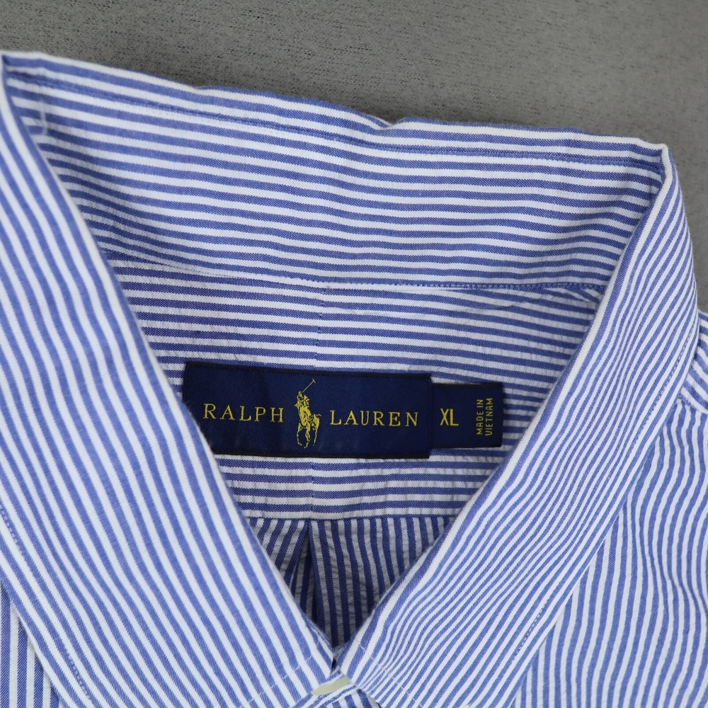 Ralph Lauren Seersucker Shirt Men XL Blue White Striped Short Sleeve Embroidered - Picture 3 of 7